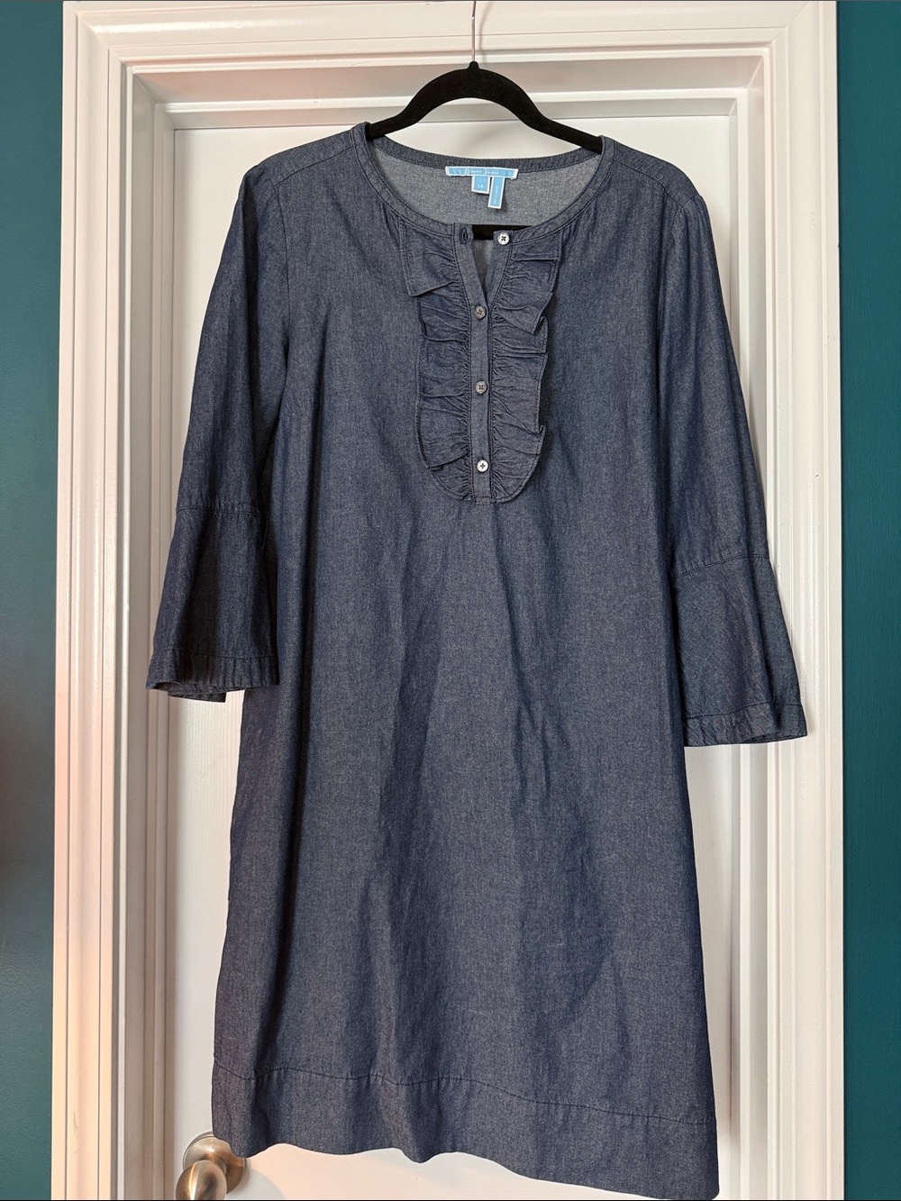 Draper James Dark Blue Ruffle-Front Shirt Dress
